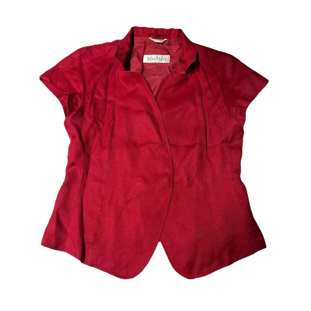 Vintage Max Mara Italy Red Linen Ramie Blazer Silk Lined Open Front Jacket
